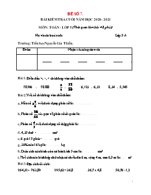Bài kiểm tra cuối năm môn Toán Lớp 5 - Đề số 7 - Năm học 2020-2021